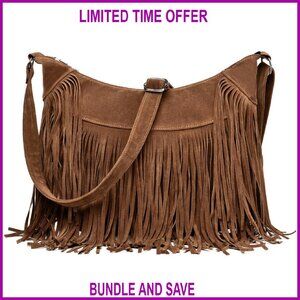 Vintage Vegan Suede Hobo Crossbody Bag with Fringe Tassels, Multi-Pocket